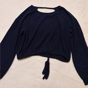 Navy Blue Cropped Long Sleeve Tie-Front Top